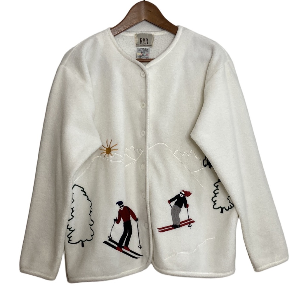 Vintage Fleece Jacket Womens Medium White Button Up Skier Cottagecore Winter